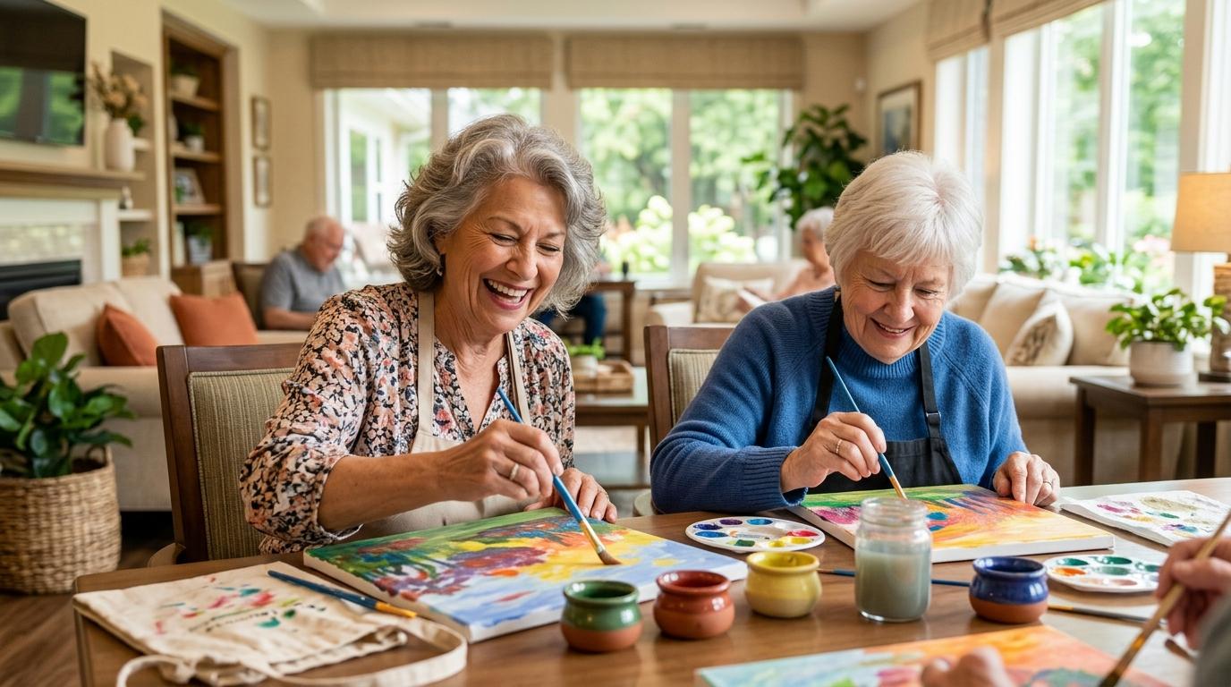 Smiling older adults enjoy painting and crafting together at a senior living community in Fergus Falls.