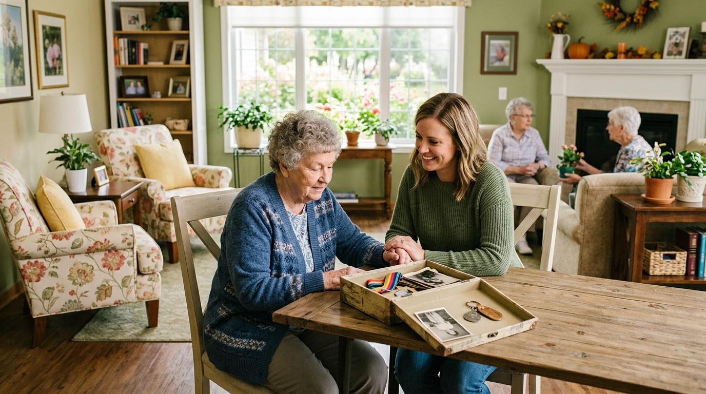 Caring memory support staff member gently assisting a senior resident at Park Gardens Senior Living in Fergus Falls, MN.