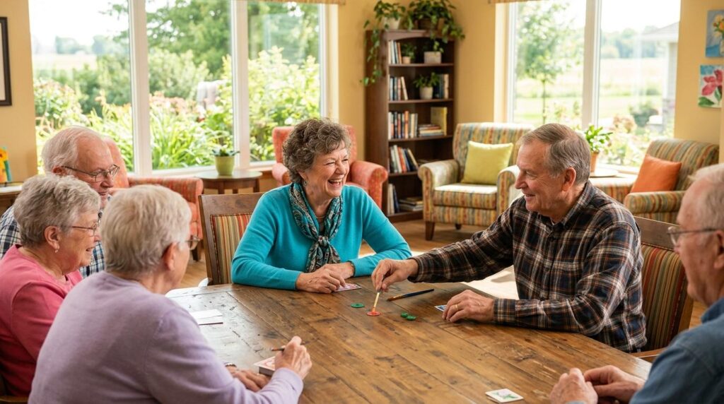 A group of smiling seniors enjoying social activities together in a bright, welcoming assisted living common area.