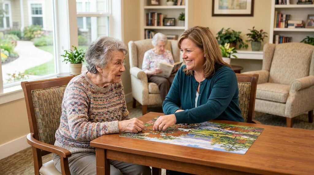 A senior person and caregiver sitting together, representing the stages of dementia and compassionate memory care support.