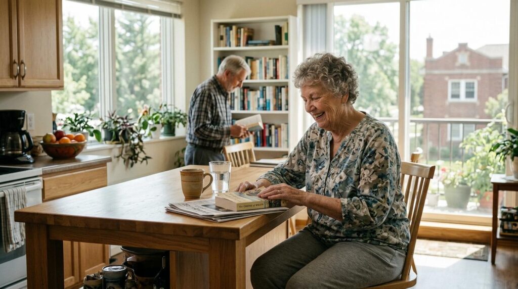 Smiling senior adult enjoying a relaxing, maintenance-free day at a cozy senior living community in Fergus Falls, MN.