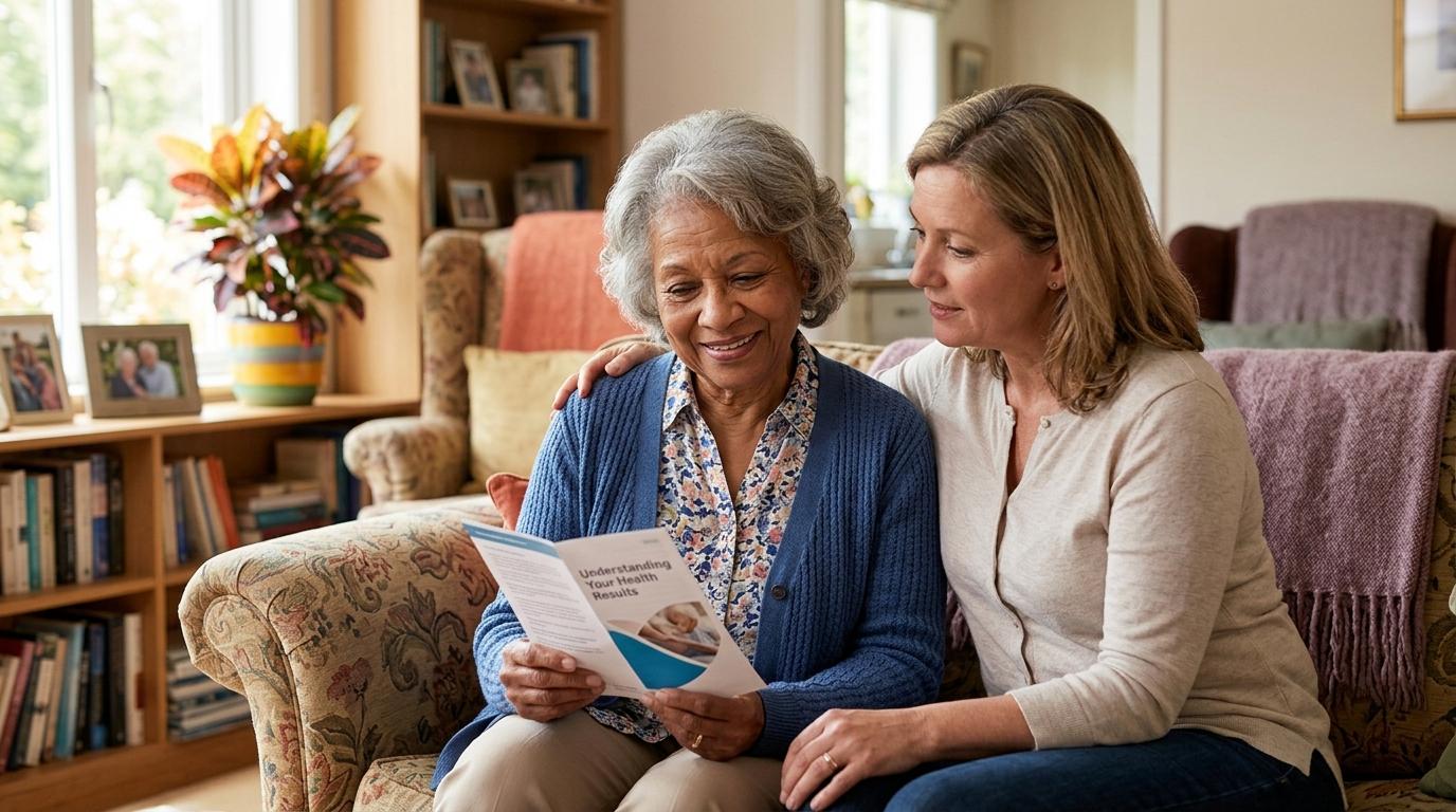 An older adult and a young adult read a brochure together on a couch.