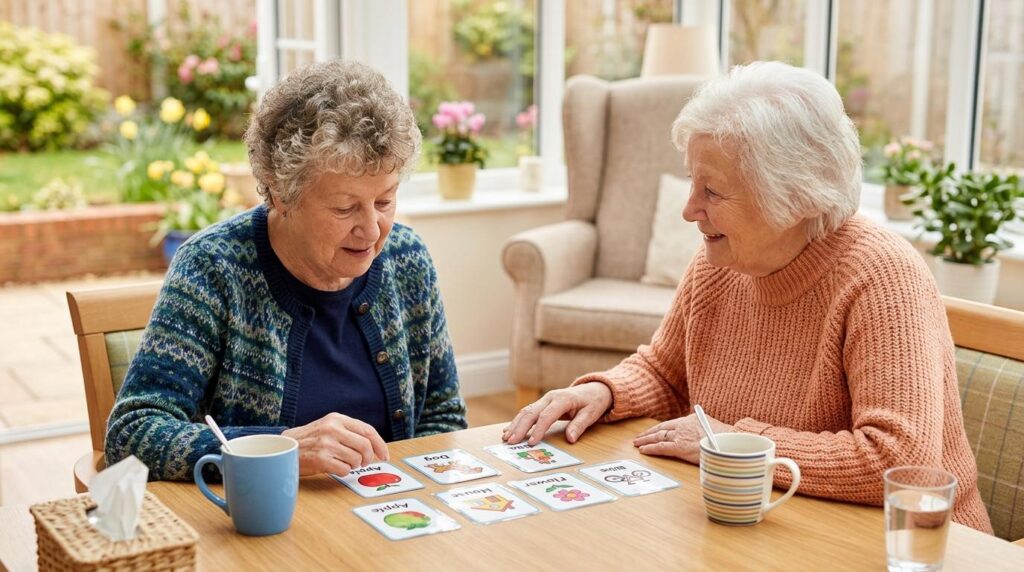 Two older adults take a 5-word memory test, while sitting at a table in a sunlit room.