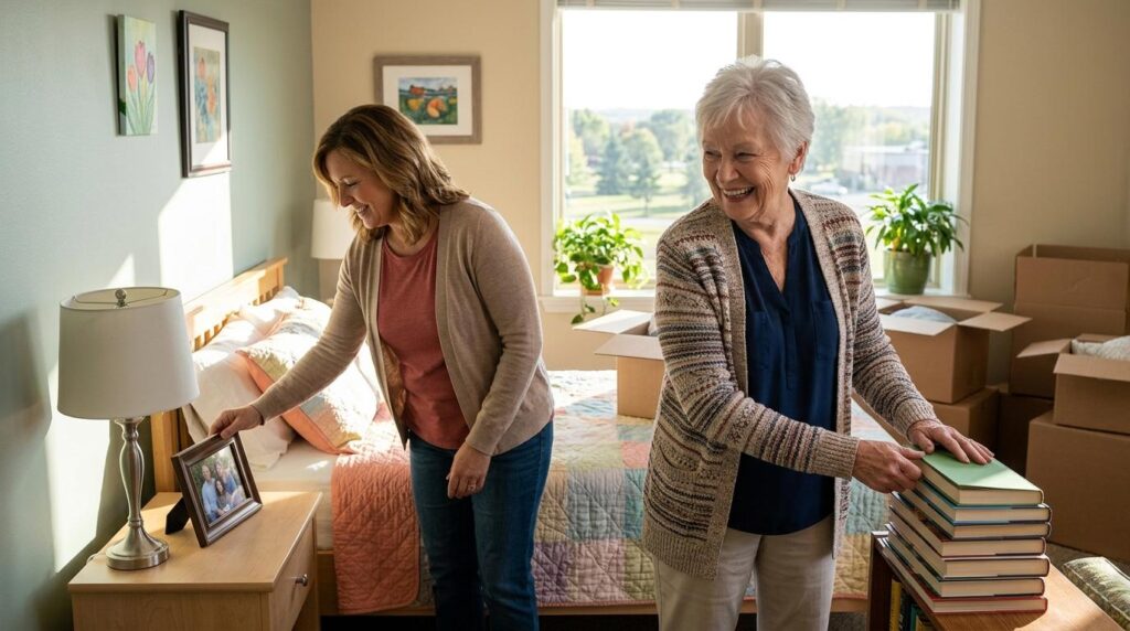 An adult and an older person smiling together in a bright assisted living common area, sharing a warm moment.