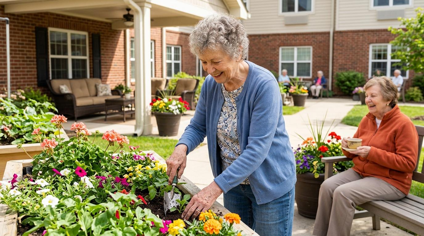 Smiling older adult relaxing comfortably in a warm, welcoming senior living community common area.
